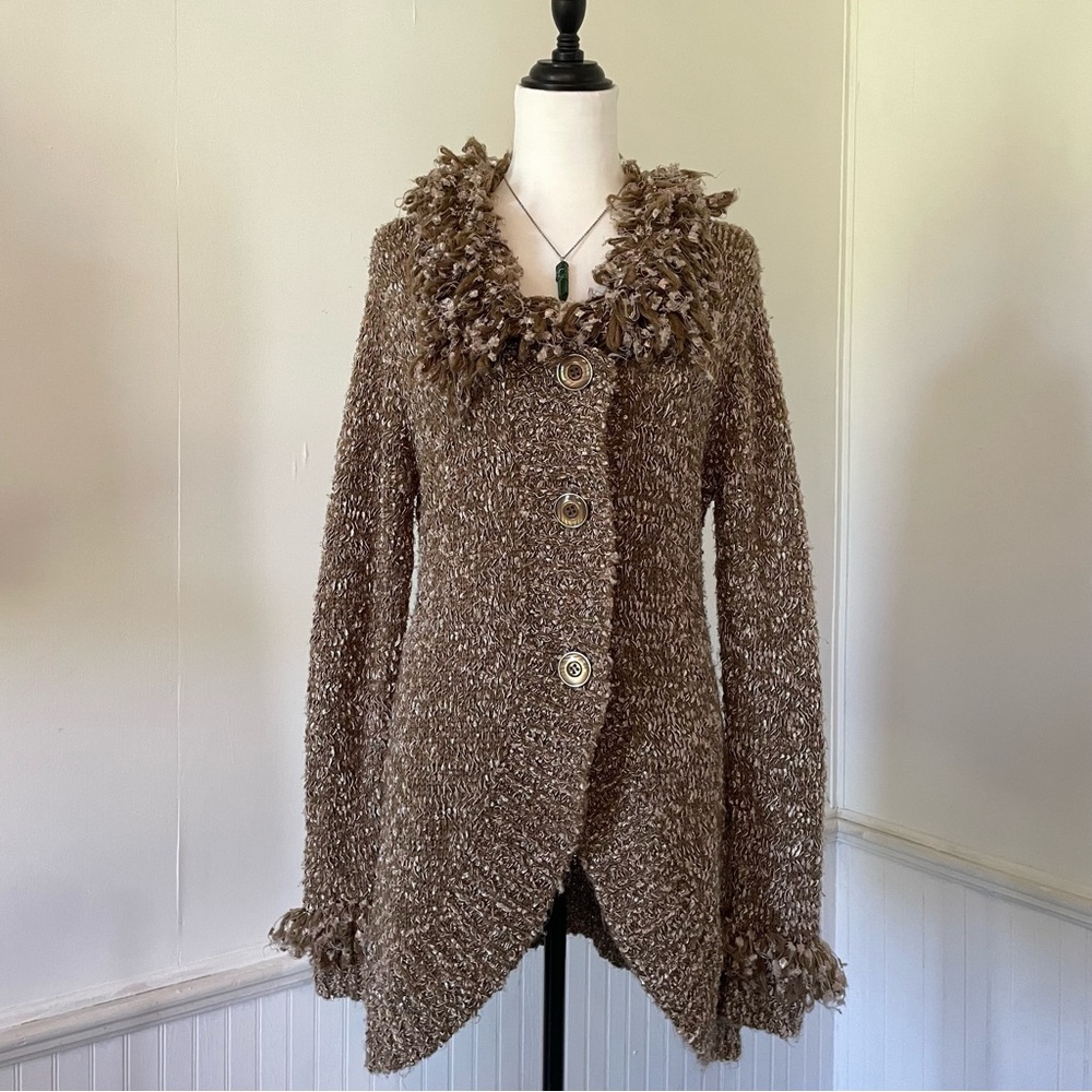 Milano Manhattan Vintage Brown Fringe Sweater Button Up Long Cardigan